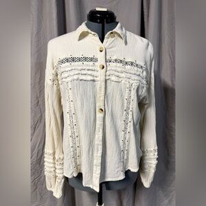 FREE PEOPLE Crepe/Cotton Women's Cream Button-Up Top